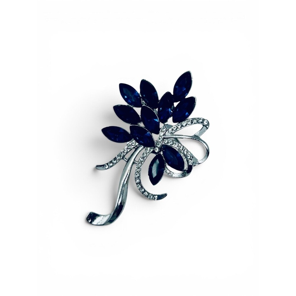 Blue Rhinestone Floral Bouquet Brooch Silver Tone Navette Crystal Pin
